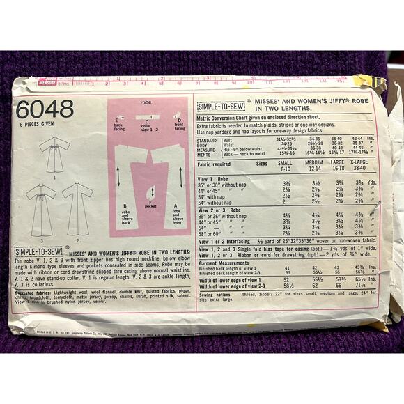Simplicity 6048 Pattern house coat robe 1970s size 12 - Picture 3 of 5
